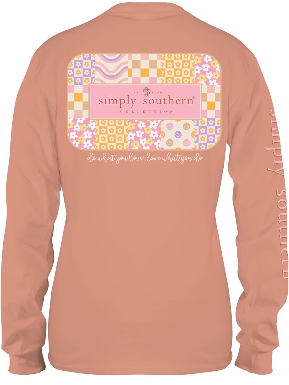 Simply Southern Long Sleeve Tee in Dusty Peach with Patchwork Back Graphic